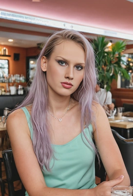 at a restaurant, long hair, pastel tones, photo taken on 50mm lenses, high-res, arms below, makeup, cocktail