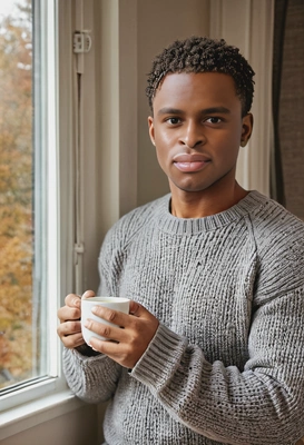drinking tea at the window, sweater and sweatpants, autumn, eyes on you, accurate hands, blurred background