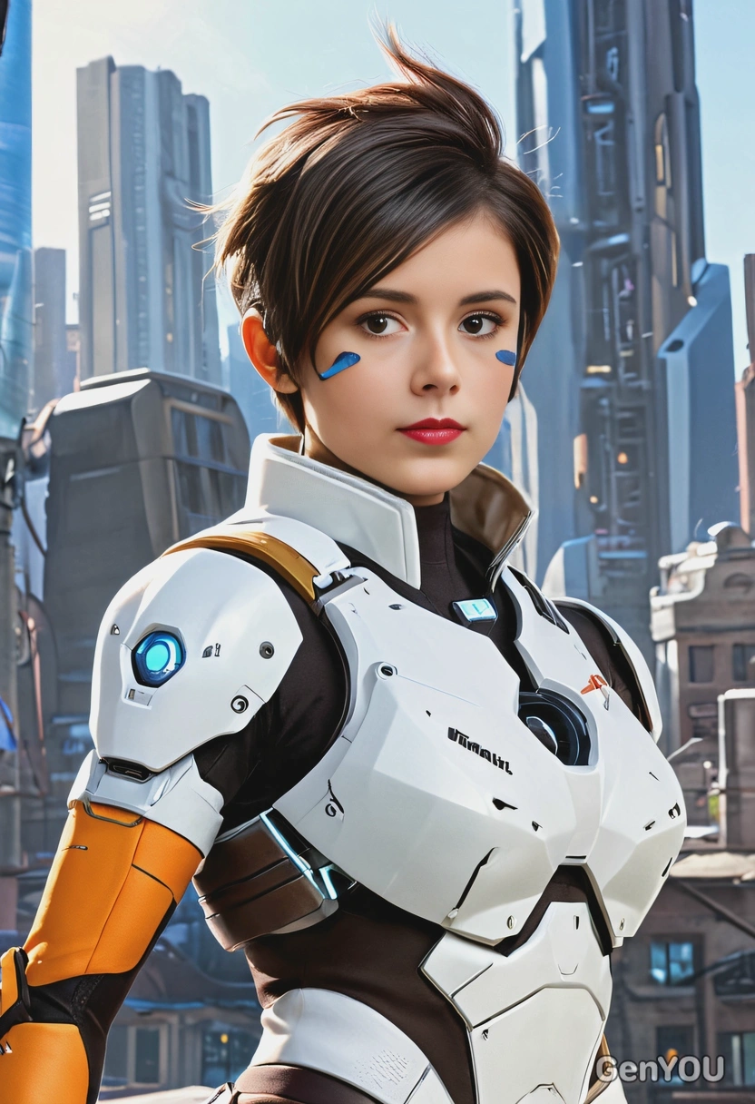 Tracer from Overwatch, with a futuristic city behind