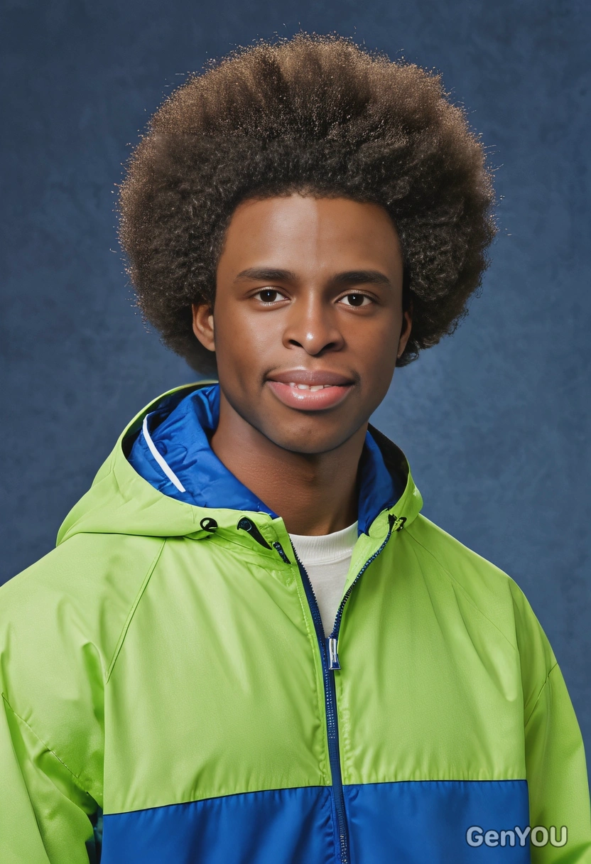 student with a natural afro, wearing a solid neon green color-blocked windbreaker, mid-shot photo, classic blue yearbook background 