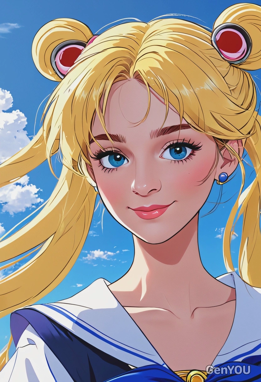 2D anime style, flat, ink outlines, In Sailor Moon anime as Usagi, soft smile, oversized anime eyes, bright blue sky background, waist-up framing