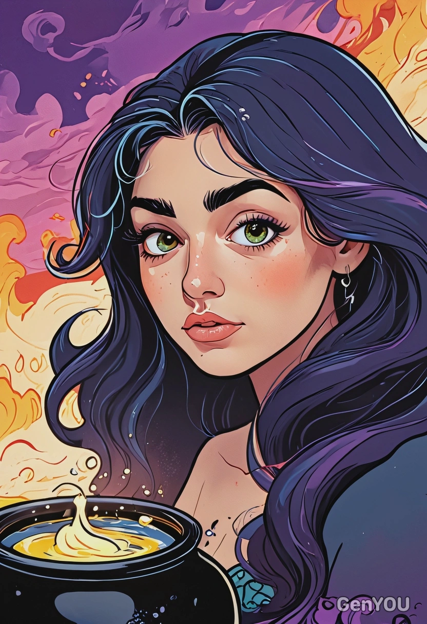 Hand-drawn flat cartoon style, Ursula from The Little Mermaid, oversized cartoon eyes, bold curved outlines, close-up portrait, glowing cauldron background with swirling ink clouds