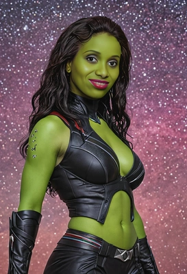 Gamora, in front of a starry backdrop