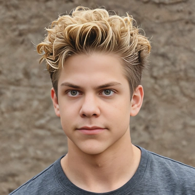 curly top with a high fade and golden blonde tips, soft focus, blurred background