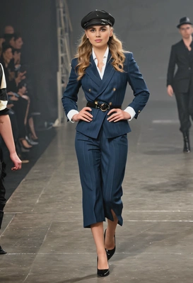 as a fashion model doing a catwalk on a runway, dressed as Peaky Blinders hero, thick wavy hair, high heels, relaxed dynamic pose