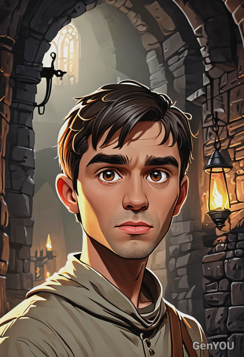 Hand-drawn flat cartoon style, Taran from The Black Cauldron, oversized cartoon eyes, torchlight lighting, waist-up portrait, ancient dungeon background