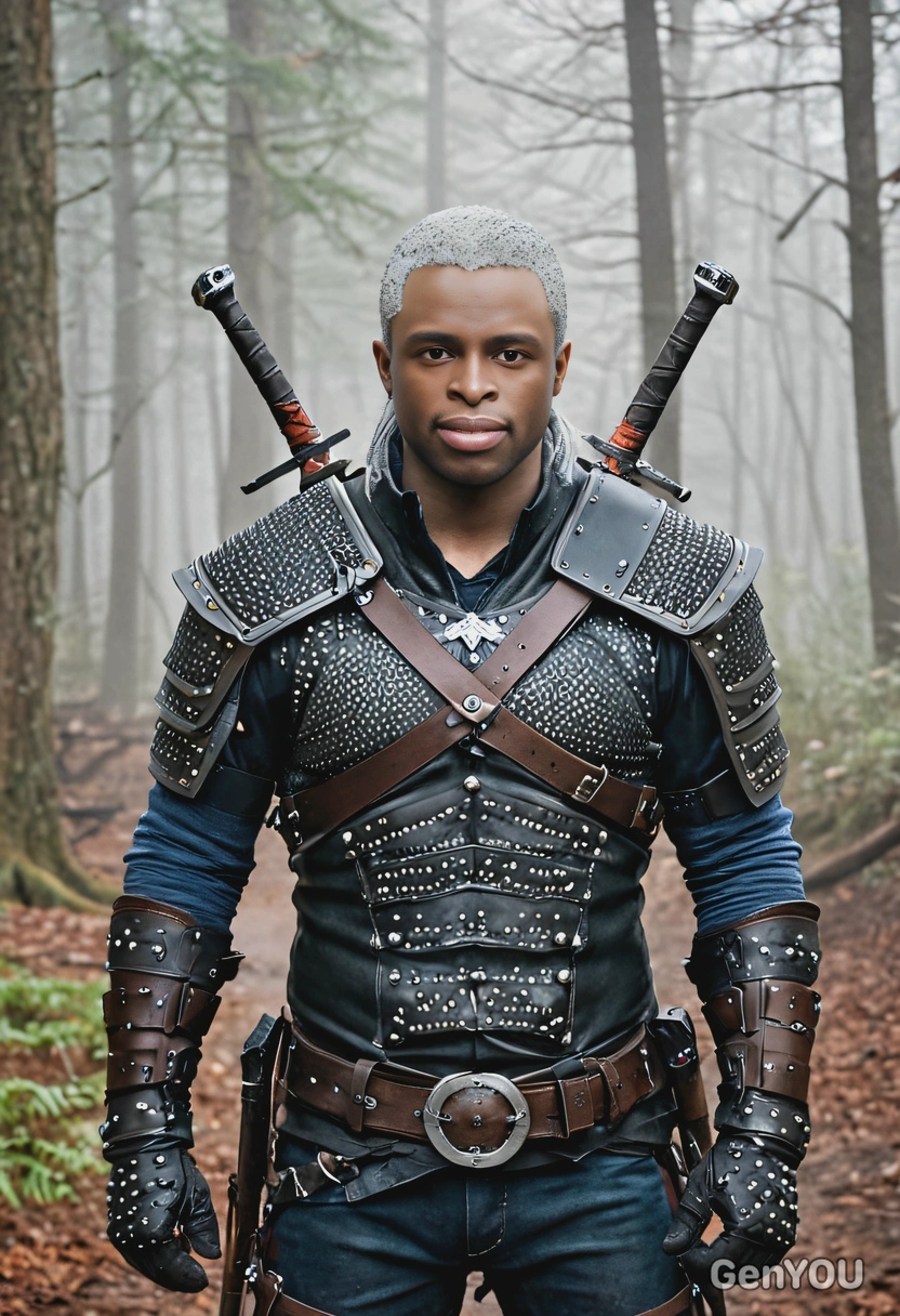 as Geralt of Rivia from The Witcher 3, wearing his rugged, studded leather armor with twin swords on his back, standing in a misty forest background