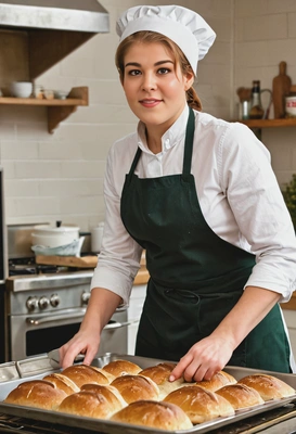 pulling a tray of freshly baked bread from the oven, wearing apron, baking show style, blurred background