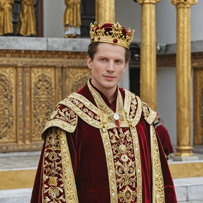 A king dressed in ceremonial robes of crimson velvet and gold
