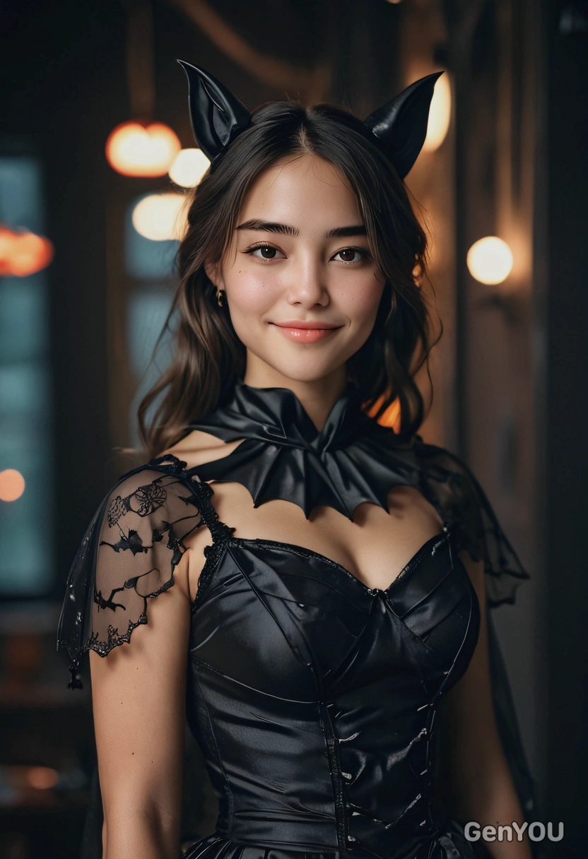 wearing a bat-inspired dress, dim indoor lighting, Halloween aesthetics, dark blurred bokeh background, high-quality professional shot, flirty smile, eyes on you