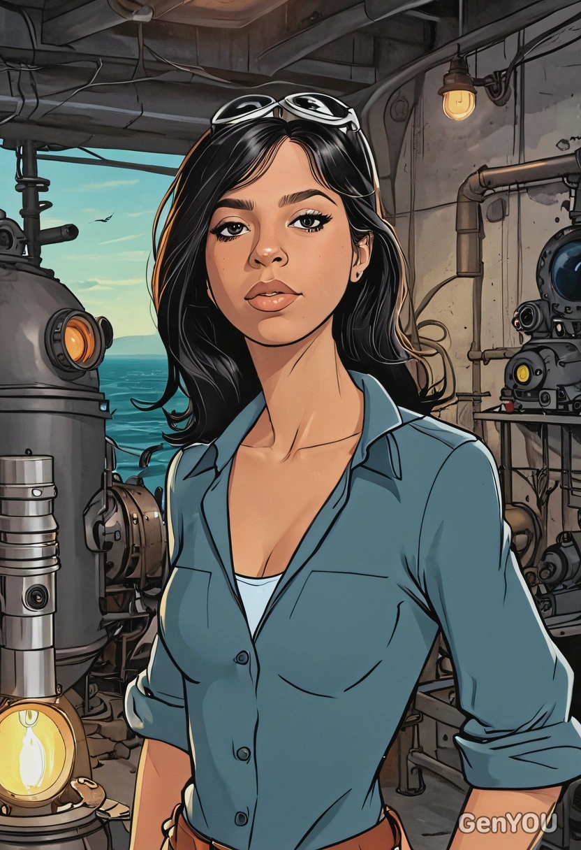 Hand-drawn flat cartoon style, Audrey Ramirez from Atlantis: The Lost Empire, oversized cartoon eyes, welding torch glow lighting, waist-up portrait, submarine workshop background