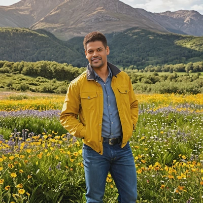 wearing a spring jacket and jeans, standing in a field of wildflowers with mountains in the distance and the warm sun casting a golden glow