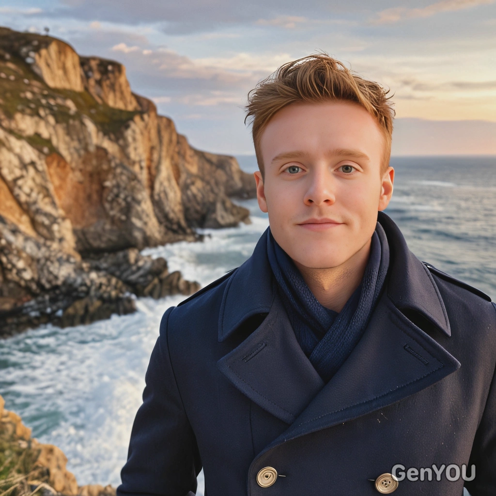 wearing a navy pea coat, on a windy coastal cliff, blurred background, soft focus, looking at viewer, cinematic look, sunset lighting, sharp skin texture