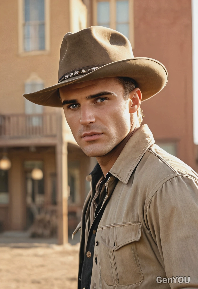 Golden Hollywood era, classic 50s western movie star, blurry wild west setting on the background, golden hour, soft shadows