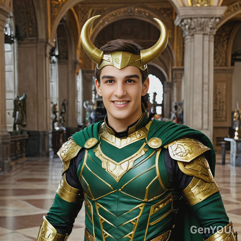 as Loki, dressed in his green and gold Asgardian armor with a horned helmet, standing in a dark palace hall with a mischievous grin
