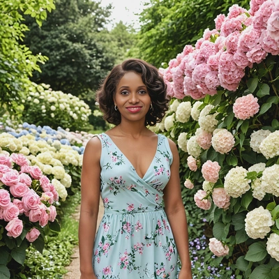 in a pastel-colored maxi dress, standing through a path lined with blooming roses and hydrangeas, half body portrait 