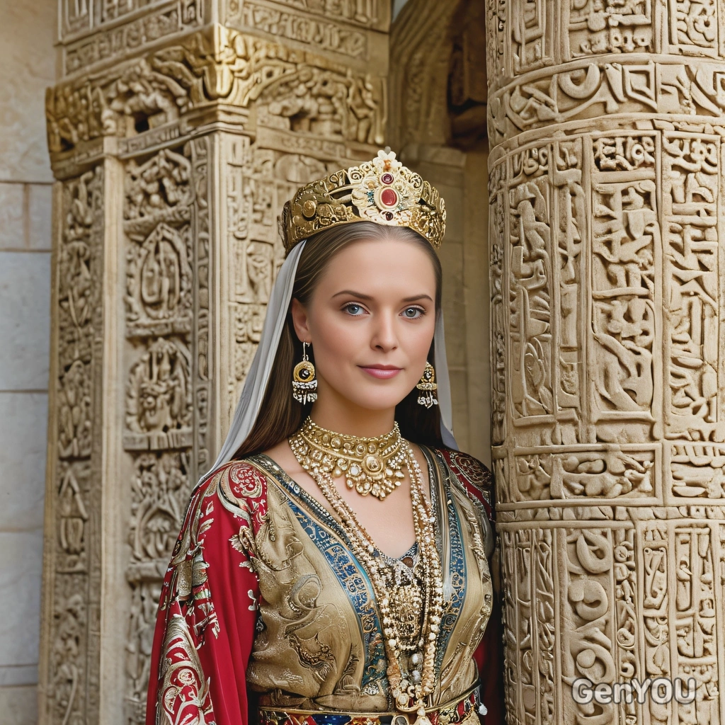 as an Ancient Persian queen, dressed in a richly adorned robe with gold jewelry, standing beside a stone pillar with intricate carvings