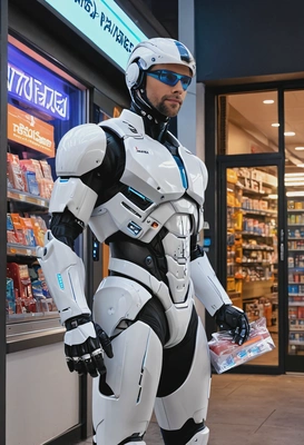 A cyborg delivery person making a quick stop at a neon-lit convenience store to pick up a package, half body view 