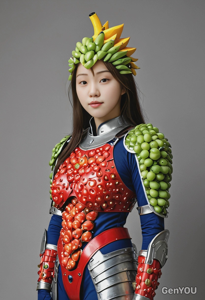  wearing fruit armor, standing tall but expressionless