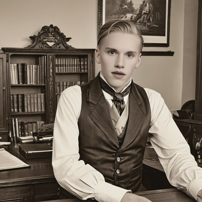 in a Victorian waistcoat and cravat, sitting at a grand desk, captured in sepia