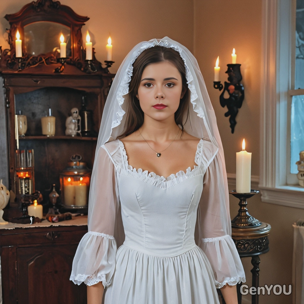ghost on halloween party, wearing a Victorian-style white dress, candle-lit ghotic room