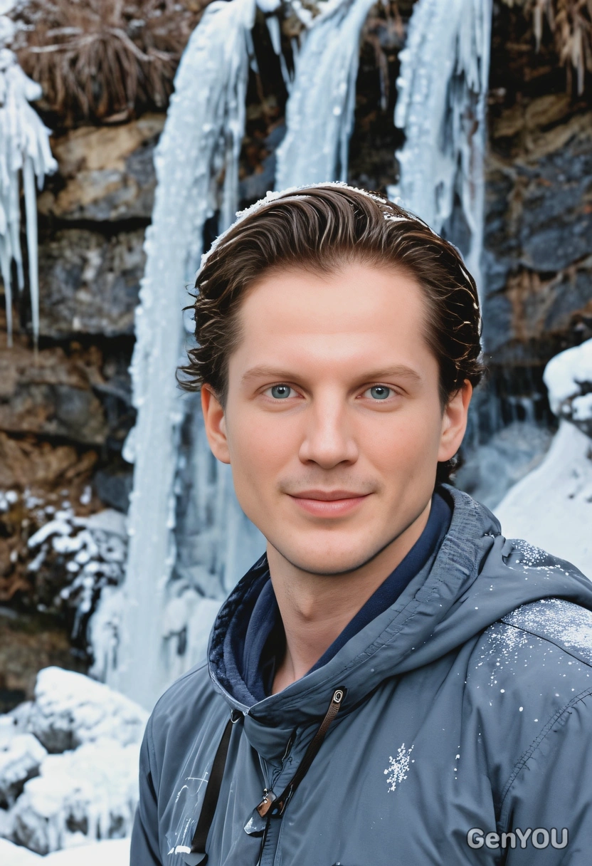 mid-shot, smiling, a stunning frozen waterfall background 