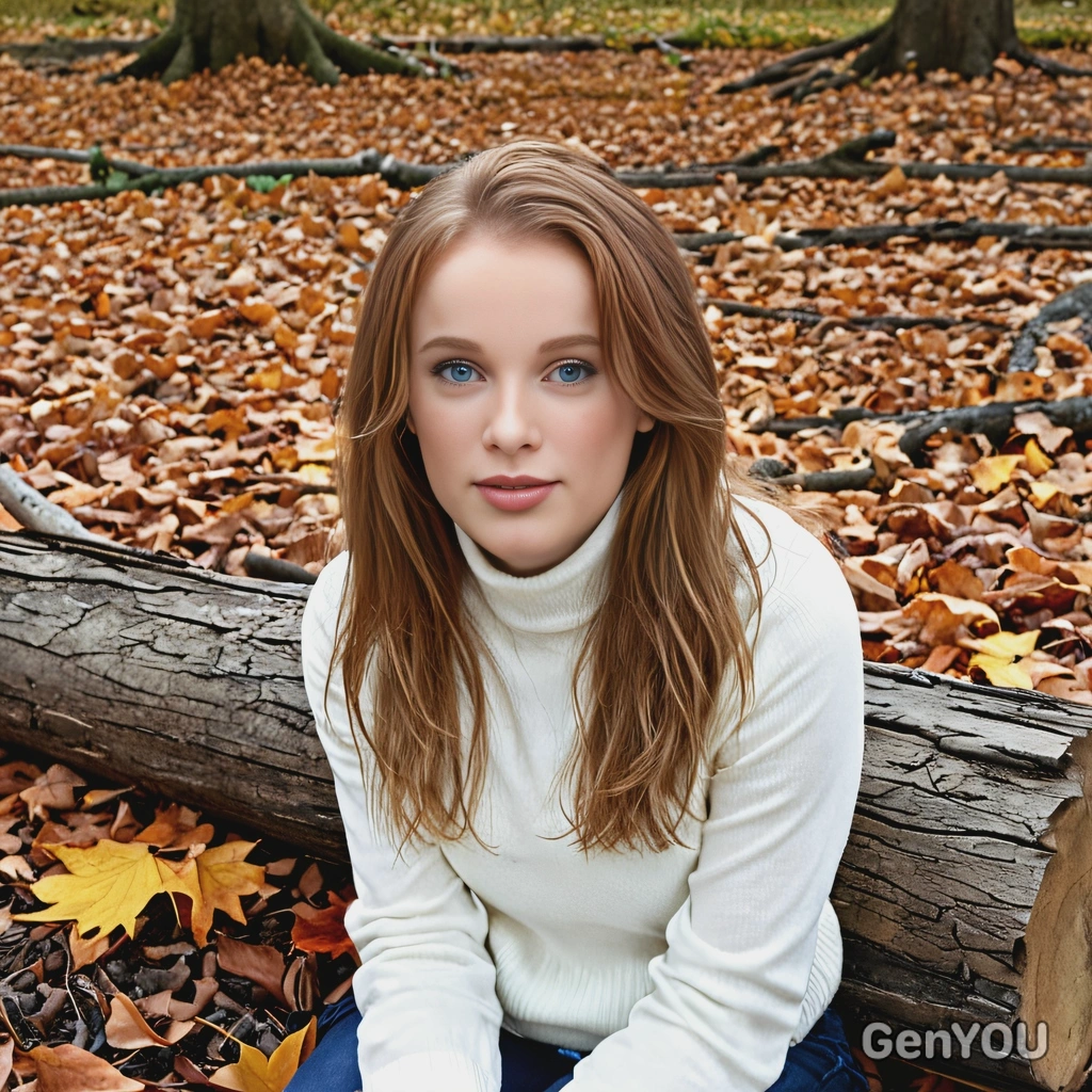 sitting on a fallen log, surrounded by autumn leaves