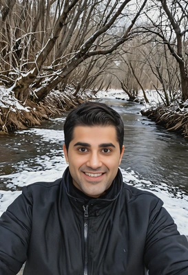 selfie, in black jacket, facing the viewer, by an icy river reflecting winter trees