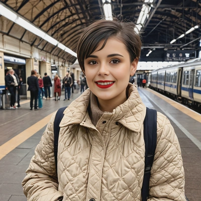 mid-shot, smiling, with a pixie cut, wearing a beige quilted jacket, in a  train station