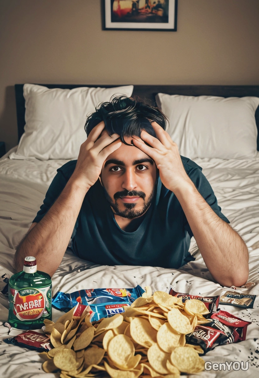 holding head in hands, sitting on the edge of the bed, after a party, bottles and empty chips packs around, chaos everywhere, hangover, blurred background, cinematographic style
