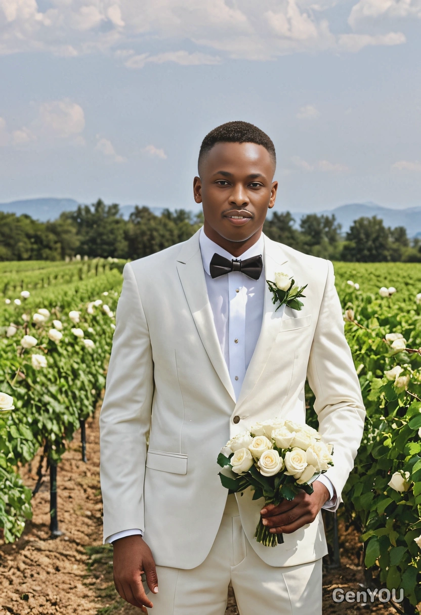 as a groom, standing in a vineyard, wearing a light-colored suit and holding a bouquet of white roses