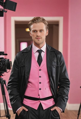 as a movie star in black and pink outfit, blurred background, movie shooting backstrage, film director behind, symmetrical details