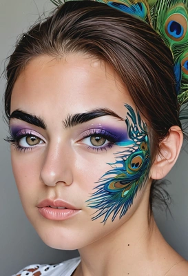 with a makeup look that mimics the patterns of peacock