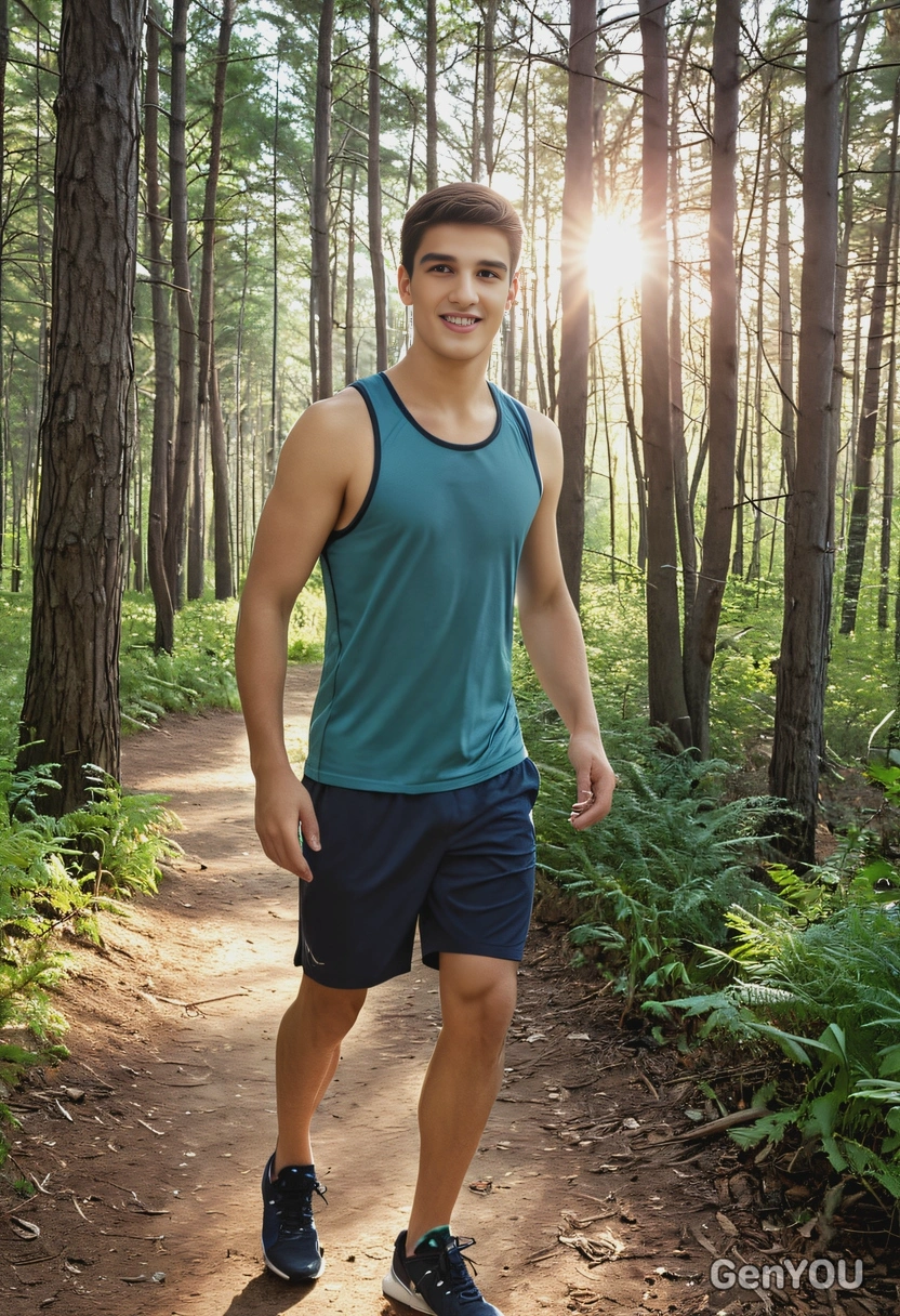 as a runner on a forest trail, in a tank top and shorts, with the morning light filtering through