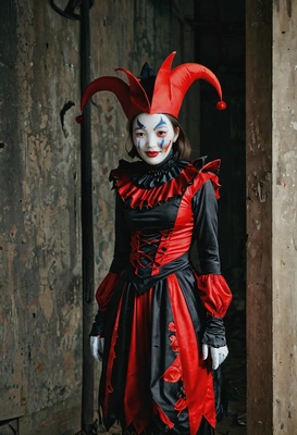 as a sinister jester in black and red, standing in a shadowy corner of an abandoned carnival ground