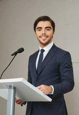 as a businessman giving an speech at the conference