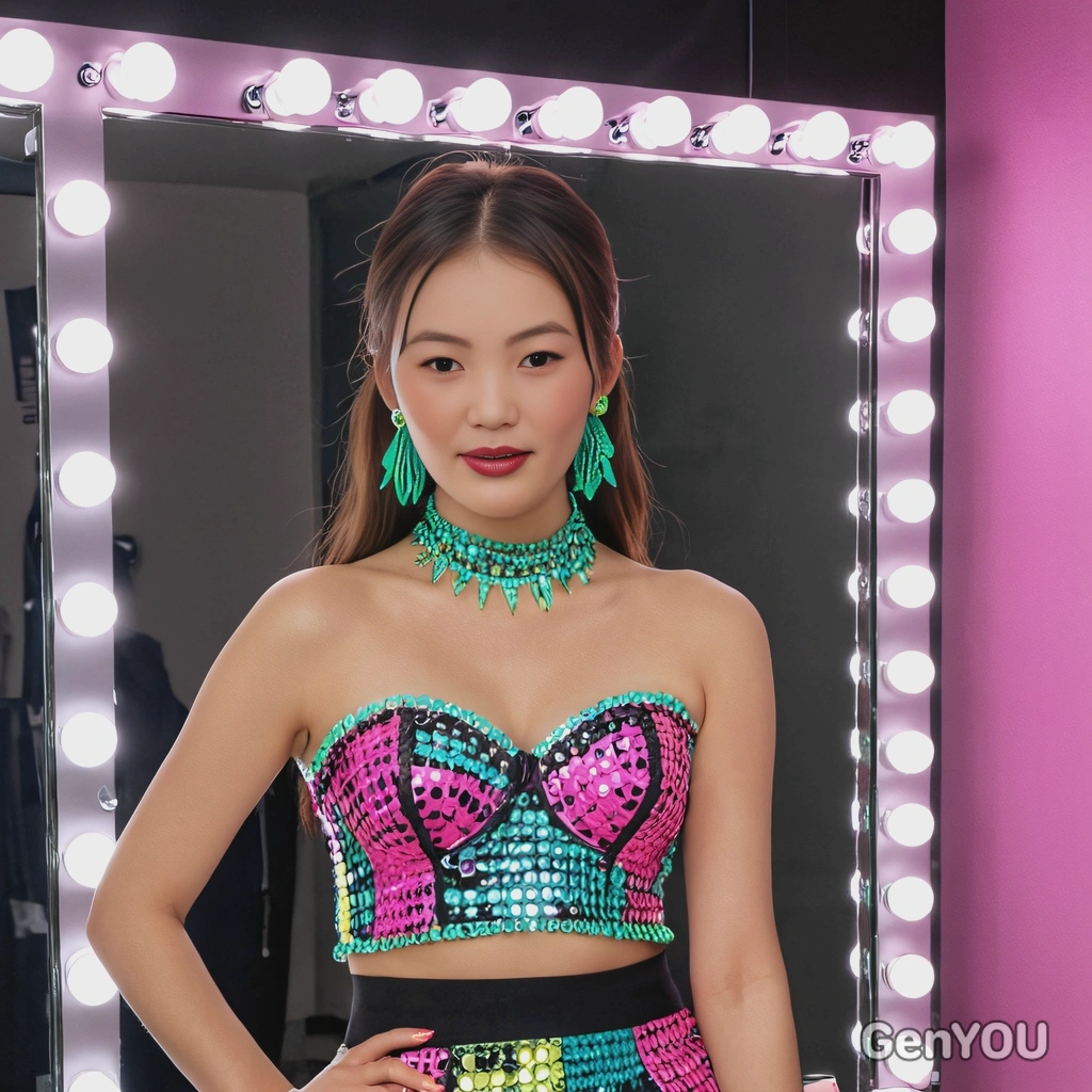 dressed in a neon-colored K-pop stage outfit, standing in front of a wall of mirrors with light-up makeup and bold accessories