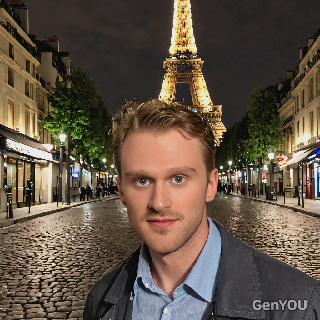 standing on a cobblestone street in Paris, with the Eiffel Tower lit up behind, close up photo