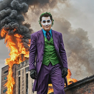 The Joker standing atop a burning building