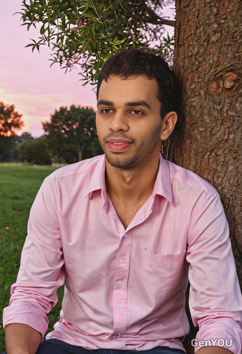 as a smiling man, sitting and dreaming near a tree, pink sunset
