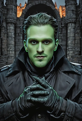 as a green Frankenstein's monster, in black trench coat, massive hands, old dark castle behind, close-up shot, eyes on center, vivid colors, symmetrical clothing details, 3D video game style, high-quality stylized art