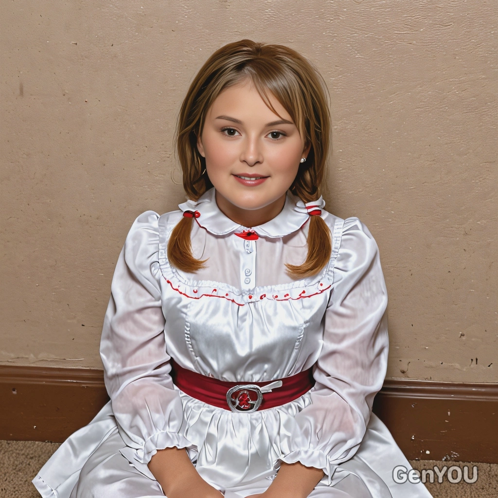 dressed as Annabelle from Annabelle, sitting creepily in a corner of the party