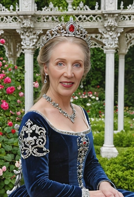 as a queen in a medieval-style velvet gown, crowned with a silver tiara, seated in a garden pavilion surrounded by blooming roses and ornate sculptures, close up photo