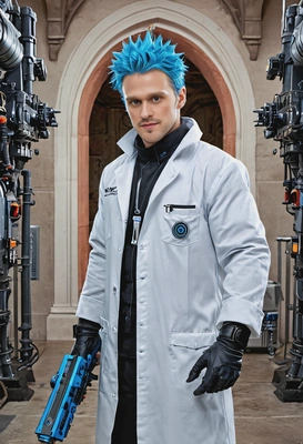 as a mad scientist, with blue spiky hair, in a white lab coat, holding a blaster in hand, in a dark sci-fi castle, looking directly at you, symmetrical clothing details, vivid colors, high-quality stylized art