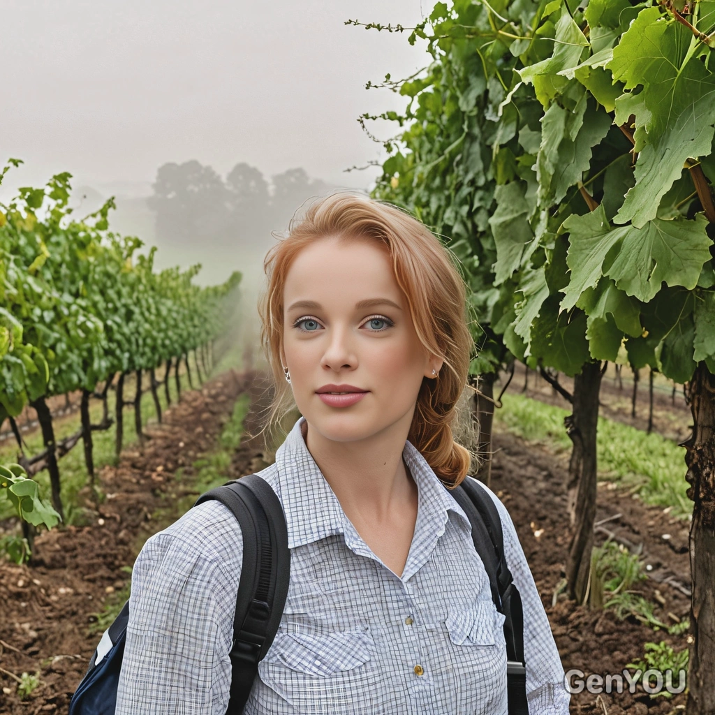 As a traveler capturing the early morning fog over a vineyard, half body view 
