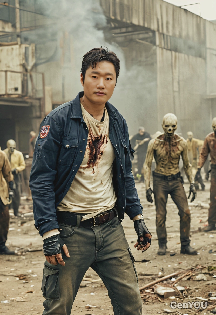 fighting surrounded by zombies, abandoned factory, yellowish colors, high-quality cinematographic style, blurred background