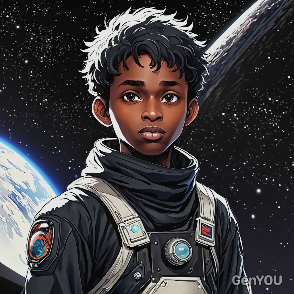 A space traveler standing on a distant planet, in anime style, big eyes, manga drawing