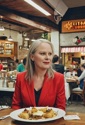 trying local delicacies at a food tour, suit, plain colors, blurry background, cinematic filter