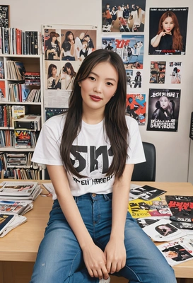 as a K-pop album unboxer, wearing a simple t-shirt and jeans, sitting at a desk surrounded by opened K-pop albums, posters, and photobooks
