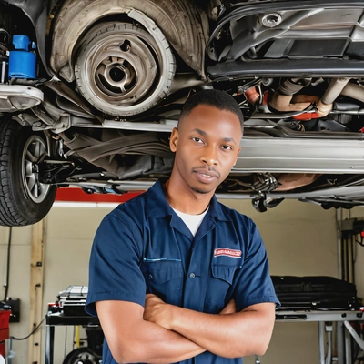 as a mechanic, standing under the hood of a car in a garage, half body view 